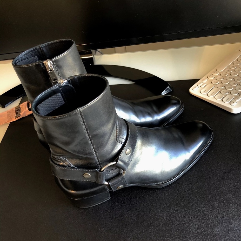 Saint Laurent Paris Wyatt Harness Boot in Smooth Black Leather